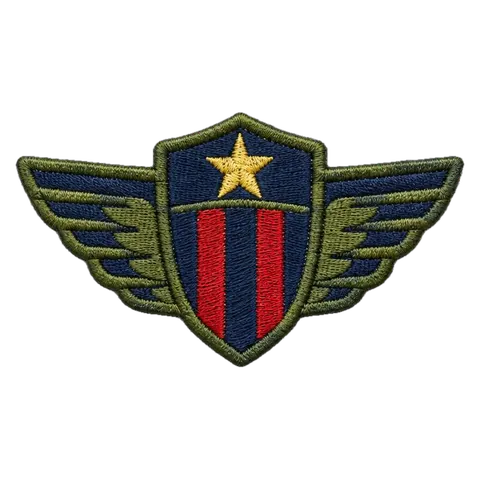 Wing patch made by us with raised even stitch across the shape