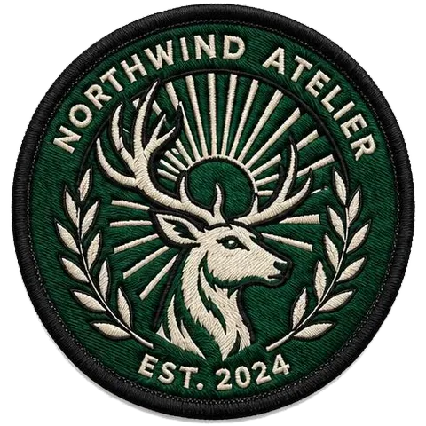 Circular Northwind Atelier patch fully embroidered in green and white at 100% coverage