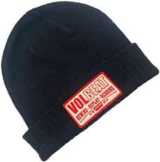 Rectangular label on a knitted beanie